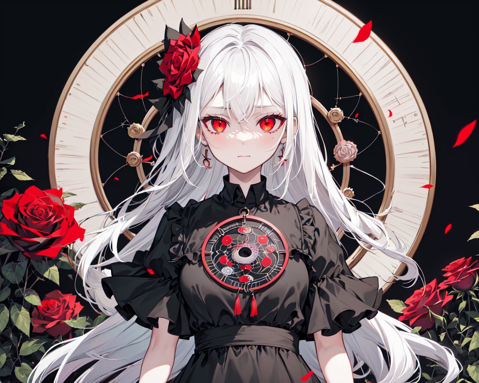 (best quality, masterpiece), (1girl, solo, black dress, standing , looking at viewer, white hair, red eyes, holding rose, ...