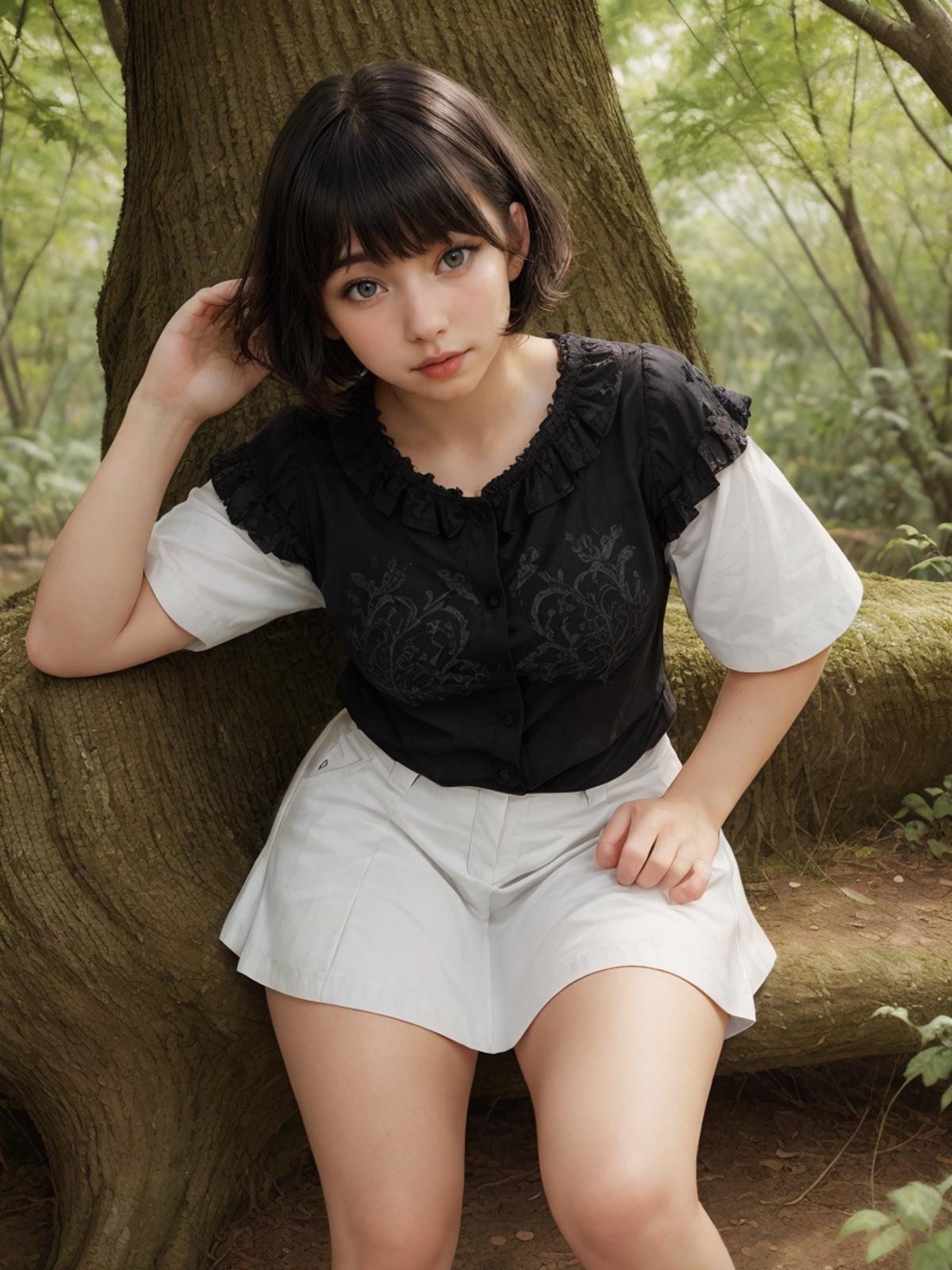 A woman in a black and white shirt sitting on a tree trunk.