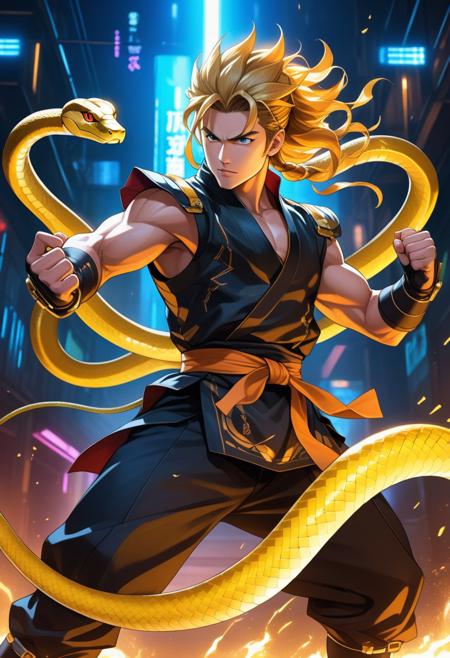 The cyberpunk ninja warrior is depicted in a heroic, glorified pose, his body frozen in a powerful, dynamic karate stance. His hands are clenched into fists. His hair, decorated with high-tech devices, is effectively highlighted from behind. Behind him, the fiery head of an abstract snake roars, hinting at his brutal fighting style. The stage is flooded with a golden glow, in which elements of industrial steampunk are combined with Japanese motifs, presenting him as a legendary figure ready for battle. realistic photography, atmospheric haze, extremely high-quality edited photography, high contrast, edited in adobe lightroom, bright colors, perfect white balance, using Broncolor flash, limited dark palette, 4k, clear focus, high resolution, 8k UHD, digital SLR camera, high quality, film grain, first phase, <lora:fluxmythp0rtr4 is a style.safety sensors:0,5>, mythp0rt <lora:FluxDFaeTasticDetails.safety sensors:0,5>,