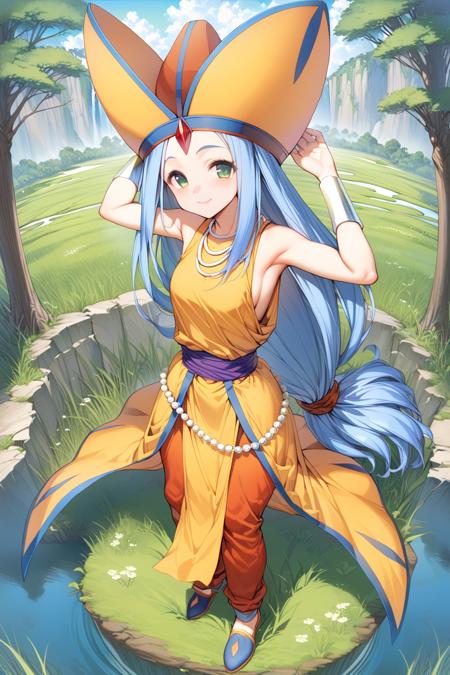 1girl,<lora:fosse dq7XL:1>,fosse dq7,hat,necklace,wristband,dress,pelvic curtain,pants,jewelry,prayer beads,footwear,low-tied long hair,full body,standing,smile,grass,ultra-detailed,best quality,masterpiece