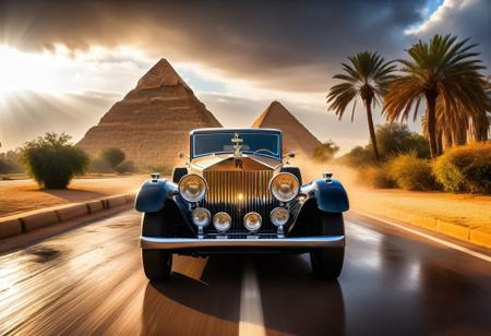 cinematic photo of Rolls-Royce Phantom II 1930, magnificent three pyramids of Giza appear clearly, charm, highly detailed car, Professional lighting, full of life, Lively and energetic, 8K, rays of sun flow beyond heavy clouds, HDR, Fast & Furious movie, motion blur, moving tires, Cinematic Shot, Cinematic Lighting, amazing world, pure perfection, Need For Speed, wide angle exterior background, wet asphalt road, autumn leaves, grass, flowers, jasmine flowers, palm trees, nebula horizon.