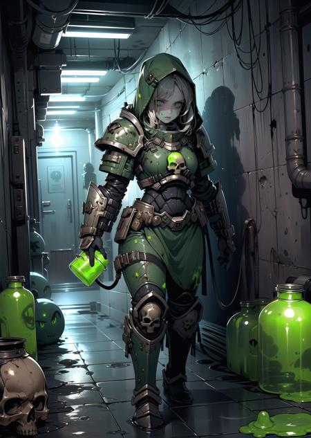 (1girl) (digital) (in detailed sewer, (power armor, armor, skull, tube, shaded eyes, slime, canister, hood up, glowing eyes, green eyes, dirty grimy rotting)) , best quality, <lora:boldline:0.2>  <lora:hairdetailer:0.2>  plaguemarine <lora:plaguemarine:1>