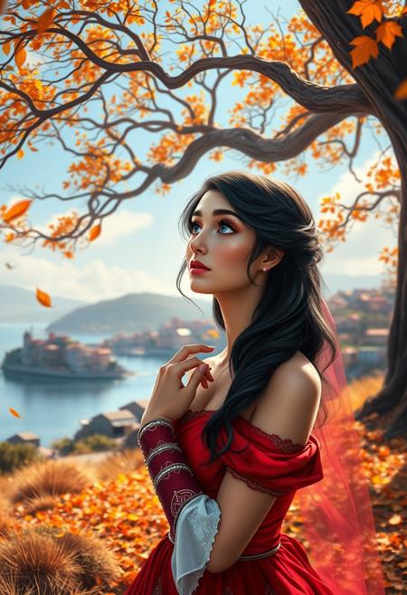 (photorealism:1.5)
female princess,  thoughtful expression, gazing at the majestic tree, falling leaves,  calm coastal village in the background, warm sunlight, vibrant colors, high contrast, hyper-realistic, serene atmosphere, pensive pose, detailed, high-definition, reflective mood, peaceful setting, torn dressm long black hair, blue eyes
slight freckles, long eyelashes, thick eyebrows, torn pelvic sheer curtain, bridal gauntlets, torn red dress