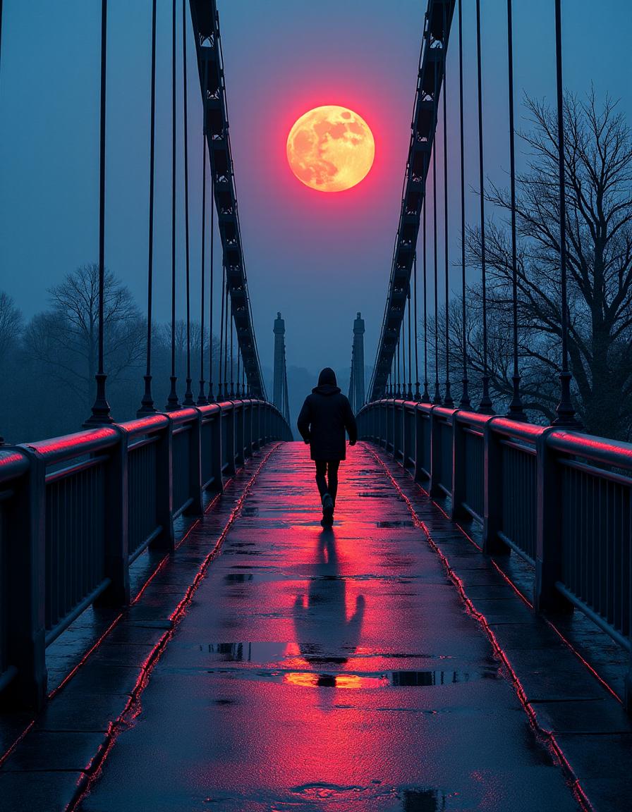 stylized by Chris LaBrooy, Michael Kenna and Richard Corben, Hipster Art, landscape of a (Haunted Men,ion of the Phantom Lords:1.1) from inside of a Pedestrian bridge, Clear skies, HDR, Fujifilm Neopan 100, Depth of field 270mm, dark blue and Mauve details, pixiv, detailed, radiant, warm light, great light