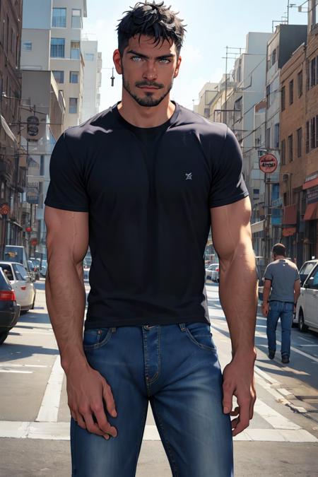 photo of  person,  male,  t-shirt,  denim jeans,  city,  standing,  serious,  cowboy shot,  masterpiece,  highres,  sharp focus,  cinematic lighting,  detailed face,  detailed eyes, <lora:EMS-45173-EMS:1.000000>