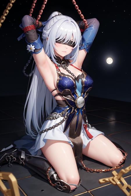 masterpiece, best quality, JingliuV5, 1girl, solo, gloves, gloves, dress, bare shoulders, closed mouth, boots, sky, black gloves, black footwear, blindfold, night sky, full moon, elbow gloves, armpits, arms up, ((chain, bound, restrained:1.3)), sitting, wariza, night, starry sky, sky, cowboy shot, <lora:JingliuV5-10:0.8>