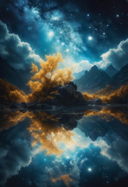 A breathtaking celestial object with a starry night sky, surrounded by shimmering golden objects. The scene is reminiscent of the celestial phenomenon in a romantic way: A crystal-clear watercolor photograph emerges from under the clouded clouds, casting an eerie light over their surroundings and creating shadows on the landscape below - making it appear as if they are still within ethereal realms!, Film grain, cinematic film still, highly detailed, highly contrasted, dynamic pose, high budget, sharp focus, cinemascope, gorgeous, 2000s vintage RAW photo, photorealistic, color graded cinematic, natural, extreme quality