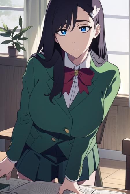 noelniihashi, <lyco:noelniihashianime-LYCORIStest:1>,
noel niihashi long hair, blue eyes, black hair, hair ornament, hairclip, (large breast:1.2),
BREAK skirt, shirt, long sleeves, bow, school uniform, jacket, white shirt, pleated skirt, collared shirt, bowtie, red bow, plaid, capelet, blazer, green skirt, green jacket,
BREAK looking at viewer,
BREAK indoors, classroom,
BREAK <lora:GoodHands-vanilla:1>, (masterpiece:1.2), best quality, high resolution, unity 8k wallpaper, (illustration:0.8), (beautiful detailed eyes:1.6), extremely detailed face, perfect lighting, extremely detailed CG, (perfect hands, perfect anatomy),