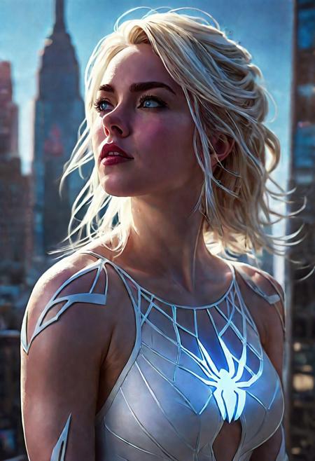 High resolution ultra-realistic of Beautiful Spider-Gwen, 8k, capturing the intensity of the moment, cinematic lighting, Squatting on the roof of a skyscraper in restless New York, wavy blonde hair, realistic dirty face with blood, realistic blue eyes, beautiful hourglass figure, intricately designed Spider-Gwen tight black-white combat costume, Marvel comics Aesthetic, perfect athletic figure, beautiful Kiernan Shipka as Spider-Gwen, ultra realistic, cinematic style, vigorous and Alluring, athletic figure, sci-fi style, dramatic lighting, wet and sweaty skin, dirty pale skin, athletic figure, dark sci-fi, blue neon, dramatic lighting, Greg Rutkowski style, Spider-Gwen on in cool dress, hyper-detailed, hyper-realistic, natural light, extremely intricat e details, masterpiece, epic, bright colours, Attractive 21 old years girl, beautiful firm Breasts, sharp focus, digital painting, Photograph Taken on Nikon D750, Alphonse Mucha, athletic figure, Hyperdetailed, hyperrealism, Attractive, Attractive bust girl, asymmetric balance