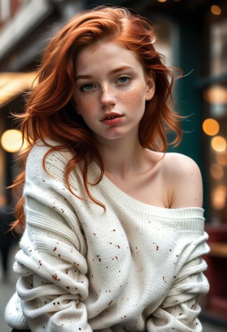 extremely detailed, 1girl, solo, masterpiece, 8k, HDR, redhead girl, professional photo of a beautiful woman leaning over, freckles, sweater falling off one shoulder, cleavage, extremely sexy, seductive, long windswept hair, luscious lips, medium breasts, big hips, looking at the viewer over the shoulder, busy background, high depth of field, bokeh,