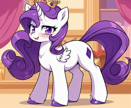 <lora:70_CutePony:0.7> , feral pony, Derpibooru_p_95, (small:1.2), (cute:1.2), tail, fur, hooves, rarity, (small body:1.2), (blush:1.1), open smile, (safe:0.8), white skin, long wavy purple hair, (alicorn:1.2), wings, unicorn horn, crown,
from below, boutique background, (vector:0.8) (detailed:0.6)