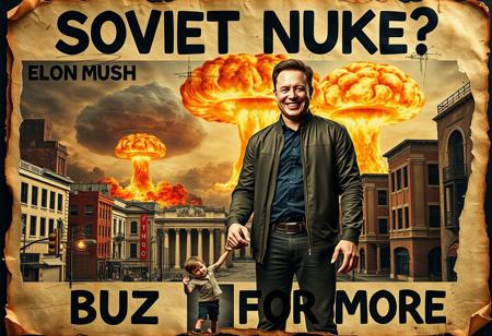 “A decayed, vintage-style poster from 2024, weathered and torn, depicting a surreal and apocalyptic scene in a contemporary setting. The faded image shows Elon Musk, dressed in modern clothes, standing with his young son. Musk holds his son’s hand with one hand while making an exaggerated ‘OK’ sign with his other hand, his wide, mad smile radiating an eerie and unsettling charm. In the far background, a massive nuclear mushroom cloud rises ominously, with fiery orange fireballs at its base and visible blast waves rippling through the urban landscape. The scene is set in a desolate, abandoned city, with ruined buildings and empty streets. The poster’s bold text, ‘SOVIET NUKE?’ across the upper section and ‘BUZZ FOR MORE’ in the lower section, is faded, smeared, and inked with scribbles and stains. The paper appears rotten, with tears, creases, and discolored edges, contributing to the haunting, post-apocalyptic atmosphere of the piece.”