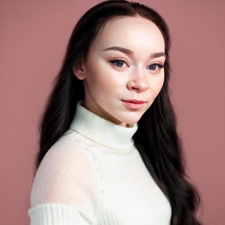 studio portrait of alice02 wearing a turtleneck sweater, detailed eyes, dark matte lipstick, glamorous makeup, smirk, smooth, very bright lighting, high contrast, RAW photo, skin imperfections, small nose piercing