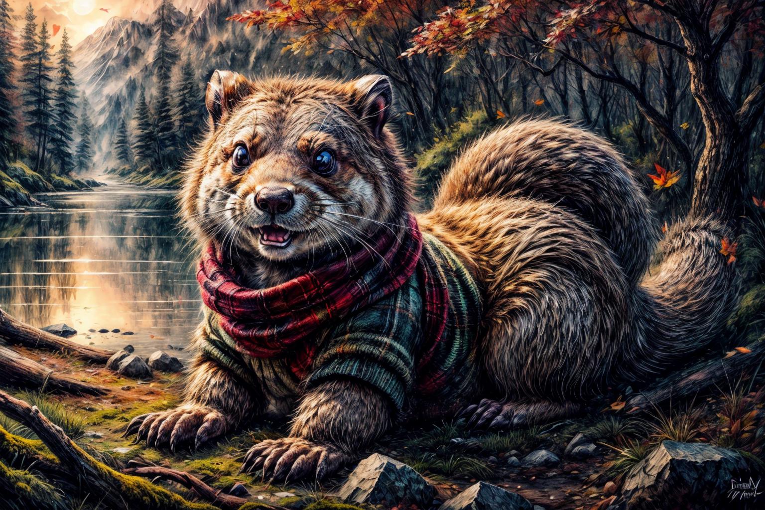 (RAW photo, 8k uhd, Analog style, Masterpiece, Best Quality, Highres:1.3), (dramatic, cinematic:1.2), BREAK,
movie shot of realistic (1beaver:1.35) wearing (sweater:1.4) (sitting:1.2) on (island on lake:1.2), (beaver tail, (paws:1.05):1.15), (holding stick:1.1), (river, detailed autumn mapple pine forest:1.2), (fabulous small house, beaver village:1.2), (mountains:1.1), (falling leaves:1.2), (wooden (logs:1.15), (moss:1.1):1.2), (morning, fluffy cloud:1.25), (godrays, light particles, colorful:1.3), looking at viewer, (frontal:1.2), BREAK,
(photorealistic, no humans:1.3), (quadruped:1.35), (wearing plaid sweater:1.35), ((scarf:1.1), cute (eyes:1.15), full body:1.1), (wildlife photo, photo by discovery channel:1.2), (fantasy fabulous dream world, shiny:1.3), (soothing calm mood:1.2), (scandinavian northern nature, outdoors, steam, waterfall, cliff, (aurora:1.05):1.1), snow, brown, (rodent teeth:1.1), BREAK,
<lora:more_details:0.8>,
<lora:zoom_slider_v1:3.8>,