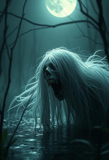 "In a moonlit swamp, a banshee with long white hair and a mouth open in a silent scream is drifting above the water, spreading terror. High definition, eerie and ghostly, detailed textures"High resolution, cinematic, frightening details” photorealistic concept art, soft natural volumetric cinematic perfect light.