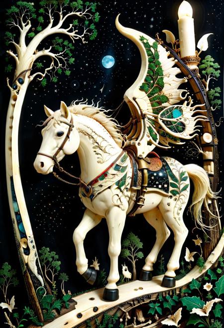 PG-TR,A mythical carriage made of scrimshaw traversing an enchanted forest path made of scrimshaw , luminescent creatures made of scrimshaw guiding the way, ancient trees towering overhead, dusk time ambiance, detailed, fantasy art , neon outlines, wire herb, robotic horse made out of scrimshaw, ebony, ivory, scrimshaw, bone carving