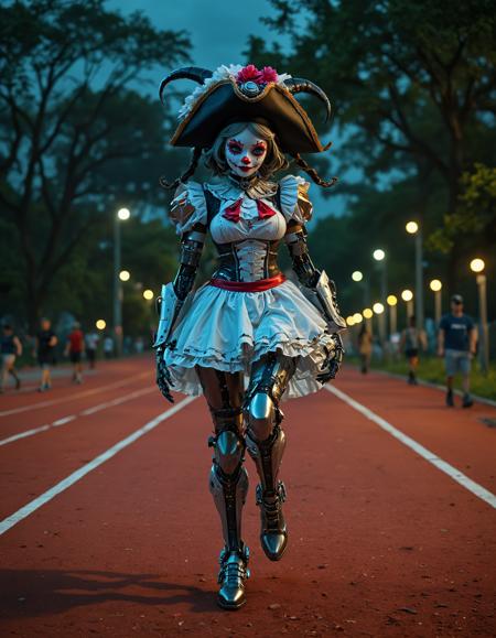luxurious, glamorous, Dark Moody Atmosphere, dark fantasy, apocalyptic, book of revelation, image by vogue, adorable, kawaii, studio quality, (French Maid Nidalee (League of Legends):1.1), as (\\\"biomechanical\\\", \\\"cyberpunk\\\").blend(0.4, 0.6), (wearing pirate hat, tech armor and biomechanical implants:1.1), (Quantum Phase, Character poses with one foot forward and their body slightly transparent, suggesting quantum phase shifting:1.2), wearing a clown mask, outdoor track, community track with various age groups exercising, a friendly and energetic atmosphere, a park surrounding the track. flowers, vaporwave, aqua vibes, vibrant, stunningly beautiful, strange robotic creatures, blend of organic and mechanical elements, futuristic, cybernetic, robotics, ultramodern, crystal clear, precise details, professional, dramatic, mysterious, dark moody atmosphere, biomechanical style, flowers, vaporwave, vibrant, stunningly beautiful, strange robotic creatures, robotics, ultramodern, crystal clear, precise details, professional, detailed, in a world ruled by ruthless criminal corporations, luxurious, glamorous, Dark Moody Atmosphere, dark fantasy, apocalyptic, book of revelation, image by vogue, adorable, kawaii, studio quality, (French Maid Nidalee (League of Legends):1.1), as (\\\"biomechanical\\\", \\\"cyberpunk\\\").blend(0.4, 0.6), (wearing pirate hat, tech armor and biomechanical implants:1.1), (Quantum Phase, Character poses with one foot forward and their body slightly transparent, suggesting quantum phase shifting:1.2), wearing a clown mask, outdoor track, community track with various age groups exercising, a friendly and energetic atmosphere, a park surrounding the track. flowers, vaporwave, aqua vibes, vibrant, stunningly beautiful, strange robotic creatures, blend of organic and mechanical elements, futuristic, cybernetic, robotics, ultramodern, crystal clear, precise details, professional, dramatic, mysterious, dark moody atmosphere, biomechanical style, flowers, vaporwave, vibrant, stunningly beautiful, strange robotic creatures, robotics, ultramodern, crystal clear, precise details, professional, detailed, in a world ruled by ruthless criminal corporations, glowing rich colors, surreal, extremely complex, highly intricate, innocent, elegant, luxury, elite, cinematic light, amazing scenic full color, bright, excellent composition, dynamic, aesthetic, very inspirational, inspiring, lovely romantic, perfect, spectacular