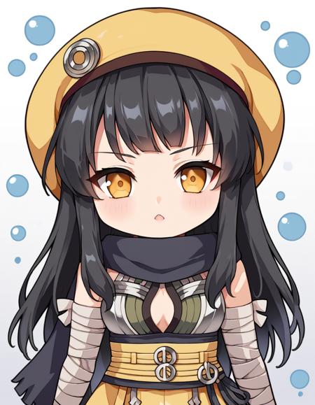  black hair, long hair, blunt bangs, long side bangs, amber eyes, sand beret, black scarf, aislin costume, bare shoulders, center opening, bandaged arms