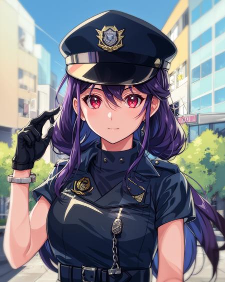 1girl, ruri, purple hair, bracelet, long hair, police officer uniform, sunglasses, police cap, handcuffs, black gloves,
facing viewer, confused, 
outdoors, city, urban, downtown,

<lora:Ruri v2 e6:0.85>