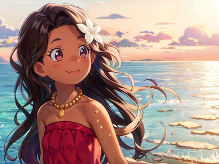 rwleiko, hair flower, dark skin, 1girl, solo, jewelry, necklace, strapless, smile, bare shoulders, ocean, outdoors, upper body, sky, cloud, lips, horizon, bare arms, sunset, water, closed mouth, forehead, cloudy sky, arms at sides, backlighting, strapless dress, evening, looking to the side, depth of field, dress, tube top