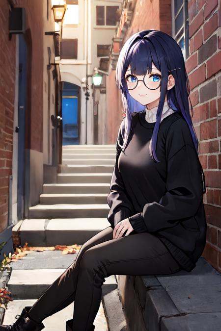 masterpiece, best quality, PelaV4, 1girl, solo, ((black sweater, black pants, ankle boots)), city alley, steps, night, slight smile, glasses, sitting, hands in pocket, <lora:PelaV4-06:0.7>