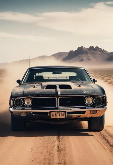 cinematic, filmic image 4k, 8k with [George Miller's Mad Max style]. The image should be captured in a [wide-angle view] and depict [single] a [post-apocalyptic] V8 [muscle car]. The car's paint is a [black] covered in a spots of [rust] and thin layer of smooth [dust] and [dirt], making it appear [rugged] and [gritty] but with visible [black color], Kawaii Art, cute characters, pastel colors, whimsical details, sweet expressions