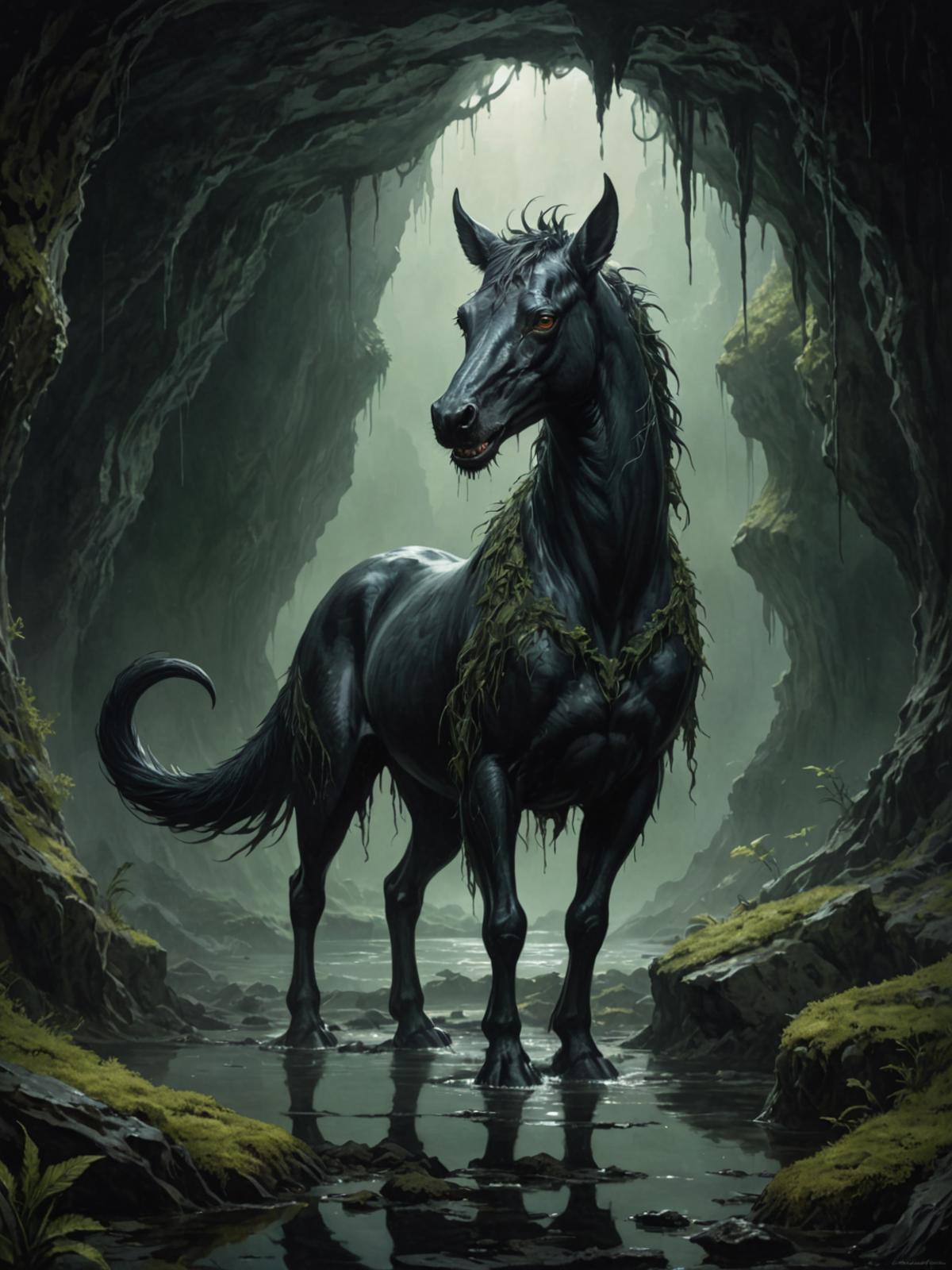 chiaroscuro painting, telephoto zoom, an evil fanged dark kelpie centaur covered with seaweed, mysterious moldy cave lair ...