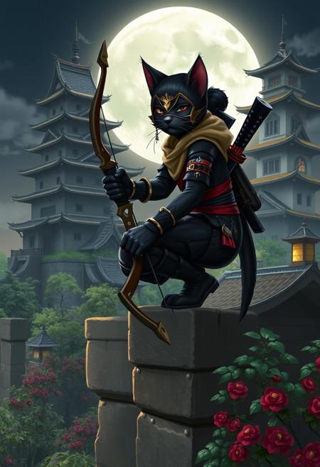 Image is a close up digital fantasy artwork featuring cat ninja character squatting high on a japanese castle wall. She has black fur. She's wearing a ninja outfit with a ninja mask and katana on her back. In her hands is a bow. The background is of a japanese castle, full moon, laterns, japanese garden.