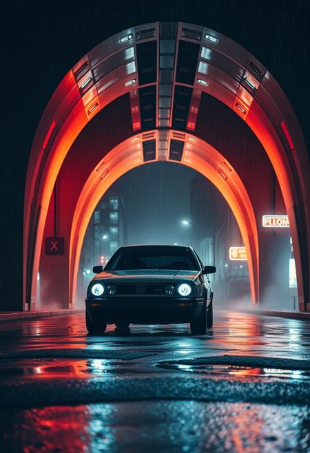 a dramatic nighttime scene under a bridge in a futuristic city, a vw golf mk2 standing there with bright lights and a stark contrast between light and shadow,  arches over the scene, it's raining the streets are wet and there are several puddles, neon lights and a bit of fog create a cinematic atmosphere