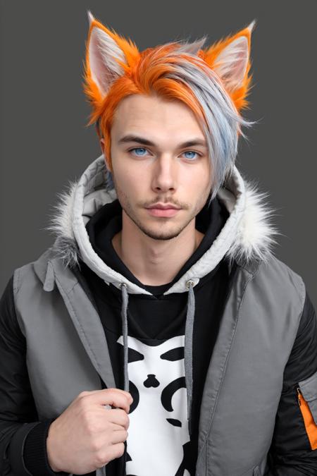 Roiadan Vanzey,  solo,  looking at viewer,  short hair,  blue eyes,  two tone hair,  orange hair,  grey hair,  streaked hair,  1boy,  closed mouth,  jacket,  upper body,  male focus,  hood,  facial hair,  beard,  anthro,  furry,  cat ears,  animal ears,  animal ear fluff, <lora:EMS-43353-EMS:0.400000>