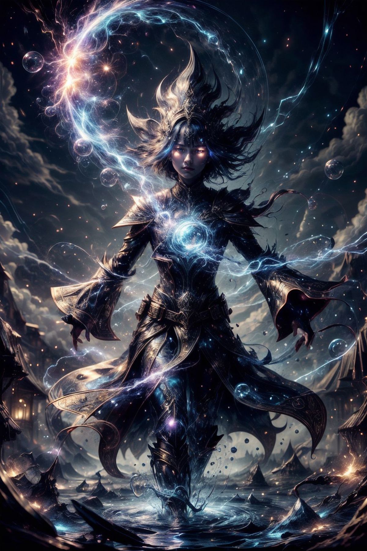 A powerful female warrior in a dark and stormy sky, surrounded by swirling energy and lightning.