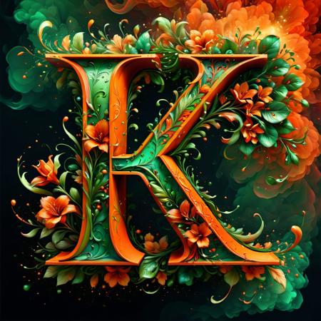 the letter K in a artistic cool way, red and green colors, creative, hyperdetailed and mysterious, flowery, orange spark