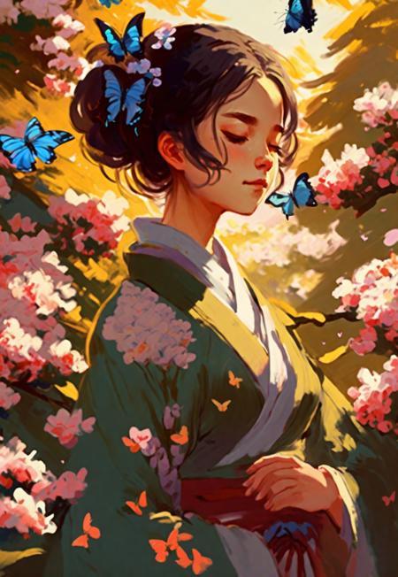 a girl in a blossom garden, closed eyes,  there are a lot of butterflies, sunny , Oil painting drawn in anime style <lora:totk_1.1:1>