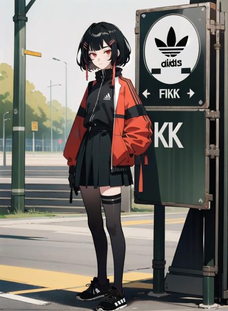 best quality, 4K wallpaper, masterpiece, extremely detailed CG unity 8k wallpaper, extremely detailed eyes, ultra-detailed, intricate details, 1girl, solo,red eyes, Adidas outfit, shirt, hair ornament, skirt, black legwear, shoes, looking at viewer, public, road sign, street park, street, <lora:clothingbrend:0.6>