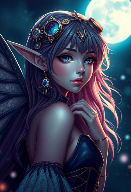 (Anime Style), Cosmic Steampunk Elf, seductive, innocent, space dust, Heavenly, rich vibrant vivid colors, full moon night background, (Portrait photo), (depth of field), (dynamic angle), (fine textures details), (sharp), (artistic image)