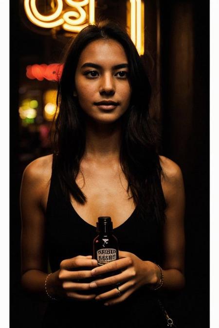 In a low-key style with the grainy texture of expired film, the photo offers a close-up view from above of a photo-realistic close-up medium shot of a beautiful girl's figure standing tall, depicted in full body, gently cradling a perfumed bottle. The attention to detail captures every nuance of the subject's features and attire, creating a lifelike representation that almost breathes with realism. Against the backdrop of vibrant, full-color, saturated neon city lights, the scene comes alive with a plethora of hues and tones, infusing warmth and urban energy. The subject's expression exudes a sense of calm amidst the bustling cityscape. Bathed in the dim neon-colored light of a blacked-out large window showcasing the city's glowing neon signs, the scene is a captivating mix of dramatic shadows, heightened by a subtle rim light tracing along her silhouette, and accentuated by a soft hair light adding dimension and allure to her hair strands.
