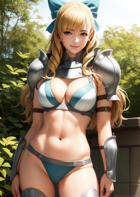 masterpiece, (realistic:1.4), photorealistic, best quality, charlotte, hair bow, bikini armor, vambraces, armored legwear, toned body, cowboy shot, smile <lora:charlotte-nvwls-v1-final-test:0.9>