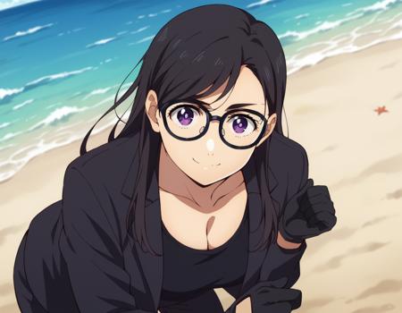 hizuru minakata, long hair, black hair, glasses, purple eyes, black-framed eyewear, shirt, gloves, cleavage, collarbone, jacket, black gloves, pants, black jacket, black shirt, black pants, formal, suit,