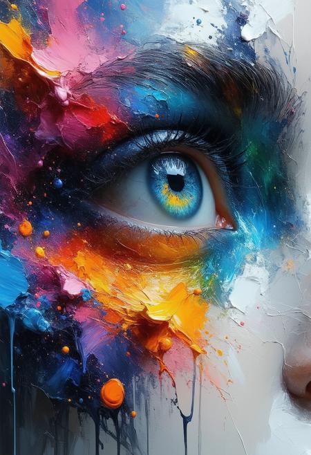 Hyperrealist painting fused with chaotic abstract expressionism, style of Chuck Close meets Jackson Pollock. Extreme close-up: A single eye reflecting a universe. The iris is a meticulously detailed galaxy swirl, hyper-realistic. Suddenly, this dissolves outwards into explosive splatters, drips, and chaotic strokes of vibrant, clashing neon paint (pinks, electric blues, acid greens) that obliterate the surrounding facial features. Sharp focus on the galactic iris contrasts violently with the pure gestural abstraction. Raw canvas texture visible beneath thick impasto paint. Atmosphere of controlled chaos, cosmic introspection shattering.
