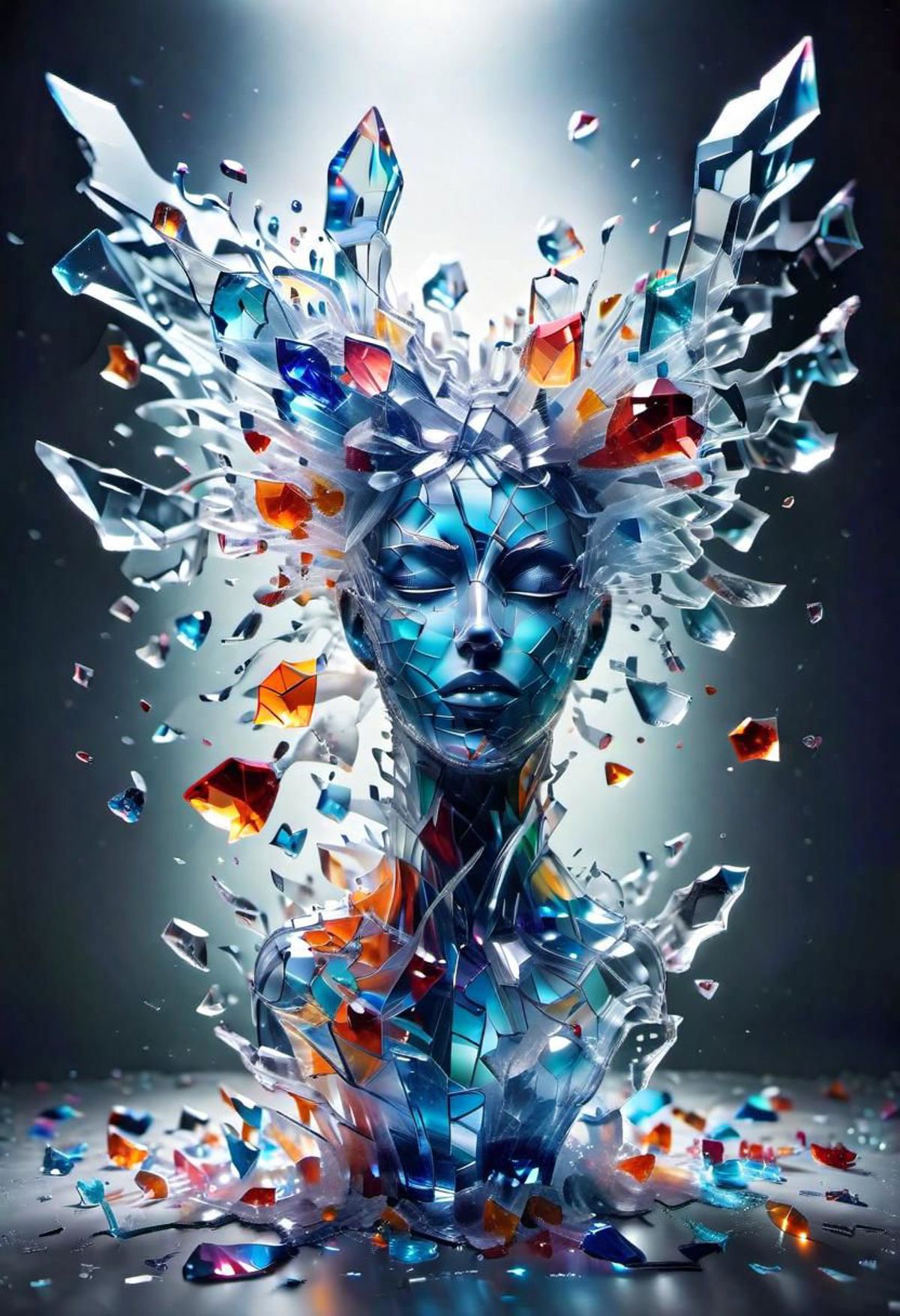 A woman's face made of glass shards and colored glass pieces.