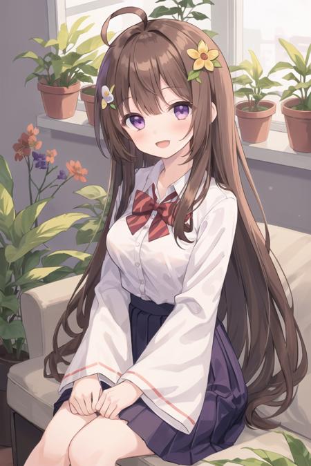 girl, ahoge, bangs, blush, bow, breasts, brown hair, flower, hair ornament, indoors, long hair, long sleeves, looking at viewer, medium breasts, open mouth, plant, potted plant, purple eyes, red bow, shirt, sitting, skirt, smile, solo, striped, very long hair, white shirt, wide sleeves, window