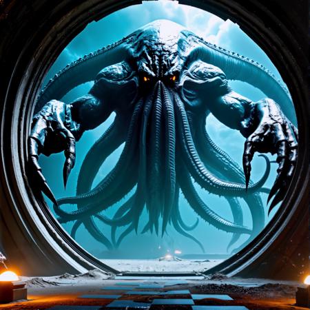 a raw HDRI high resolution movie screencap of a scene where cthulhu is emerging from an interdimensional gate in space. The image captures the interstellar Lovecraftian cosmic entity the Great Old One Cthulhu, a gigantic evil monstrosity that inspires fear. perfect cinematic image,dark cinematic,chiaroscuro film style,epic scale,cinematic,hyperreal photograph,photorealistic,highly detailed,high detail,hyperreal,photorealistic,exquisite detail,<lora:Flux\XLabs_Flux_realism_lora.safetensors:1.0>, 
<lora:Flux\schnell_realism_byHugovntr_v23.safetensors:0.6>