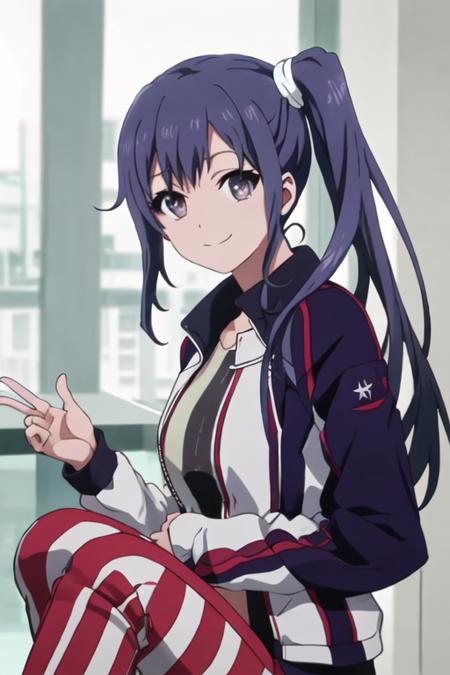 best quality, masterpiece, highres, solo, {imai_midori_shirobako:1.15}, long_hair, blue_hair, side_ponytail, 1girl, jacket, looking_at_viewer, smile, simple_background, striped