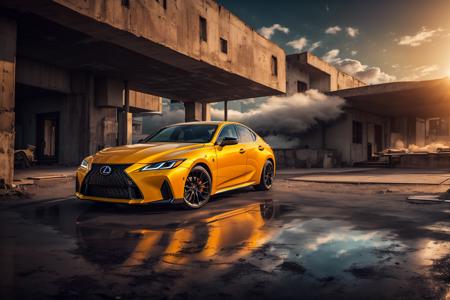 is500, yellow body, vehicle focus, ground vehicle, motor vehicle, no humans, reflection, cloud, outdoors, sky