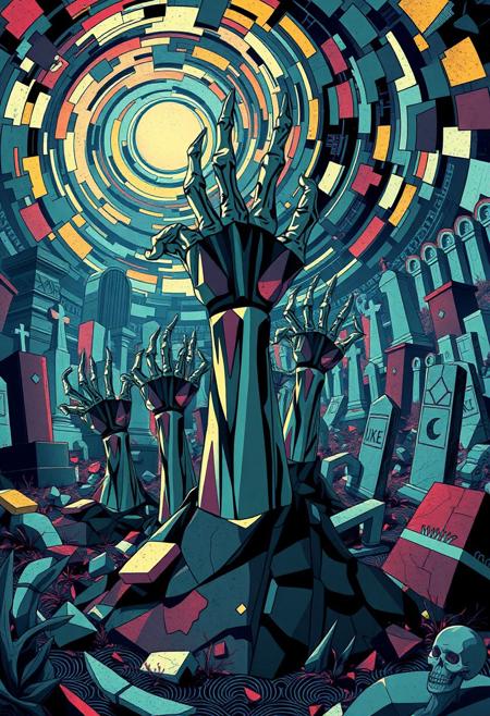 A hyper-stylized anime graveyard, blending the opulent, geometric patterns of Art Deco with the fragmented, multi-angled forms of Cubism. Zombie hands, rendered in bold, Cubist shapes and Art Deco-inspired patterns, burst forth from grave mounds, as if grasping for the living. The graveyard itself is a maze of geometric shapes and fragmented forms, with tombstones, mausoleums, and other monuments broken into multiple, overlapping planes. The background is a swirling, Cubist-inspired vortex of colors and patterns, with Art Deco motifs woven throughout. The overall effect is one of eerie, unsettling energy, as if the viewer is gazing into a fractured, nightmarish world. The zombie hands are depicted in a stylized, fragmented manner, with each finger rendered as a separate, geometric shape, adding to the sense of disjointed, Cubist chaos. highest-Quality, intricate details, visually stunning, Masterpiece