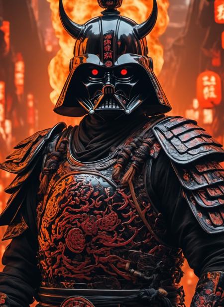 (8k uhd,  masterpiece,  best quality,  high quality,  absurdres,  ultra-detailed,  detailed background),  (full body:1.4),  (a Japanese Darth Vader samurai with great sword,  walking across a bunch of Japanese stormtroopers samurai),  (beautiful,  aesthetic,  perfect,  delicate,  intricate:1.2),  (color scheme: black),  (size and shape of great sword: Daishō,  massive and double-edged),  (type of armor: oni style helmet,  black eyes,  bone and leather),  (environment: ancient Japan street,  outside,  cyberpunk,  Cyberpunk, ),  perspective: slightly low angle to emphasize the warrior's power,  lighting: dramatic,  with a spotlight illuminating the warrior's face and sword,  (depth of field: shallow,  with the warrior in sharp focus and the fiery background slightly blurred),  cyborg style, Movie Still,  cyborg, steampunk style, <lora:JuggerCineXL2:0.800000>, , <lora:oni_style_xl:0.500000>, , <lora:Cyberpunk Fantasy XL:0.400000>