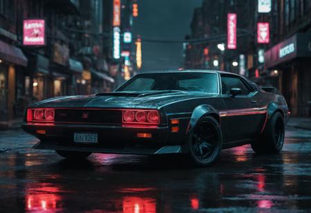 Neon noir <lora:Eddie Mendoza CLIP-000005:1>,car,motor vehicle,ground vehicle,vehicle focus,concept art,fine fiberglass [6],Eddie Mendoza, . Cyberpunk, dark, rainy streets, neon signs, high contrast, low light, vibrant, highly detailed