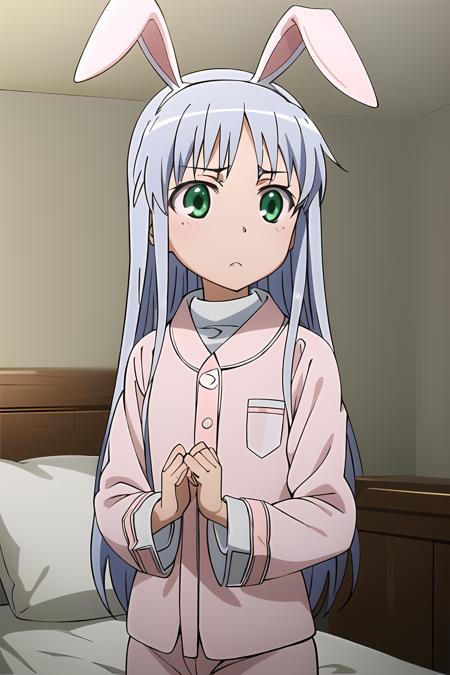 masterpiece, 1girl, index \(toaru majutsu no index\), cute, green eyes, silver hair, bedroom, pink bedding, (pink pajamas), bunny ears, anime, highly detailed