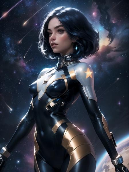 cosmic female in space, small breasts, futuristic bodysuit, stars, constellation