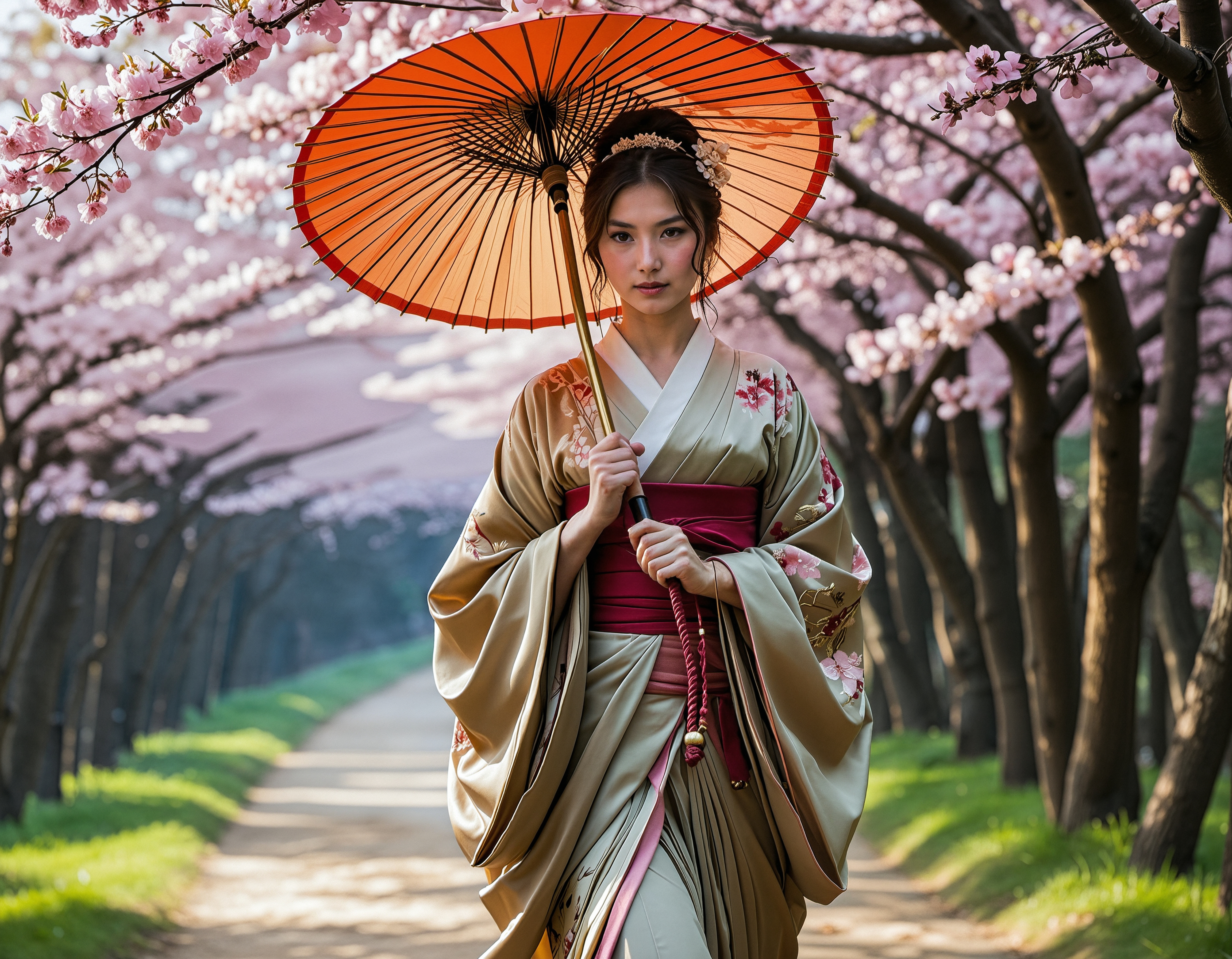 Oil painting of a beautiful 25 years old woman, ,<lora:muromachi86:0.6>, ,<lora:sdxl_ta86artstyle_velvet_rust:0.6>, soft Rembrandt lighting illuminating her face,,Walking calmly beneath cherry blossoms in full bloom, a ninja woman wears an ornate floral kimono and carries a silk parasol. Her elegant appearance masks hidden kunai tucked into her sleeves and climbing rope wound around her waist. As she passes a noble’s procession, her eyes briefly meet a hidden target among the crowd.